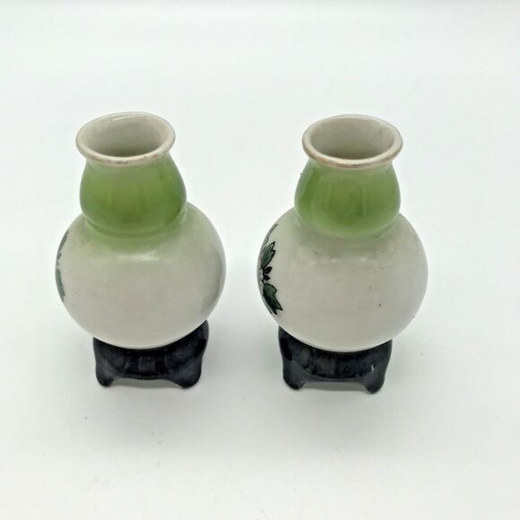 Pair Vintage Vase H KATO Miniature Footed Green Floral Occupied Japan Signed - Picture 6 of 9
